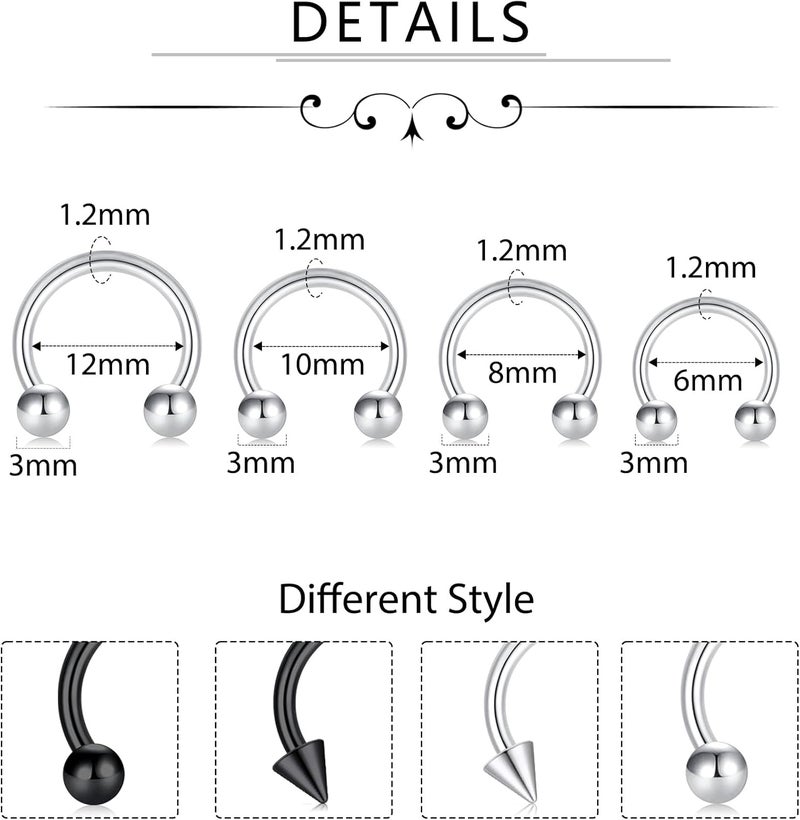 D.Bella 16G 14G Horseshoe Rings Surgical Steel Nose Septum Horseshoe Hoop Earring Eyebrow Tragus Lip Rings Daith Helix Piercing Jewelry for Women Men 6-12mm Smily Piercing Jewelry - Image 3